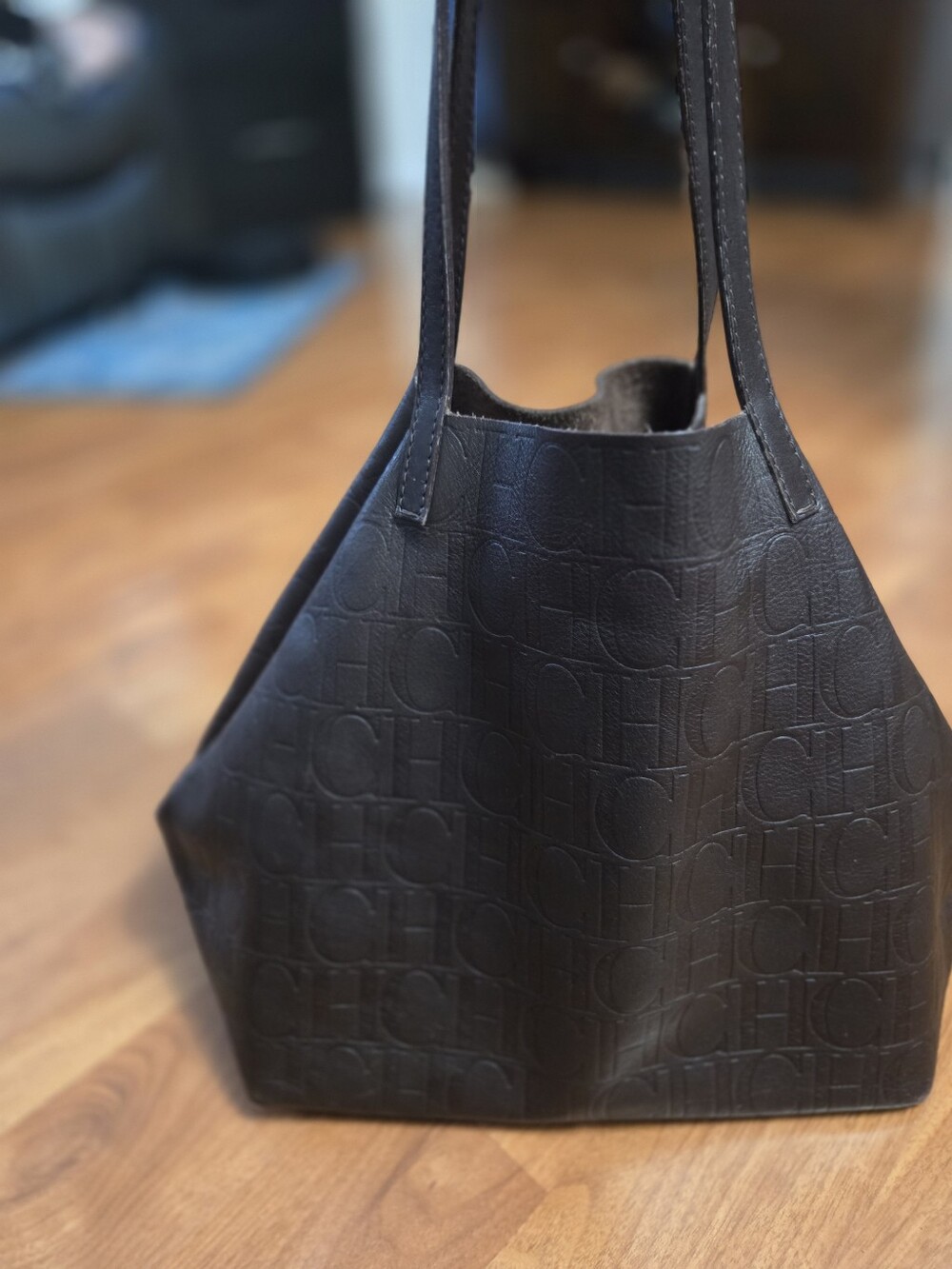 CH Carolina Herrera Black Embossed Logo Tote Bag